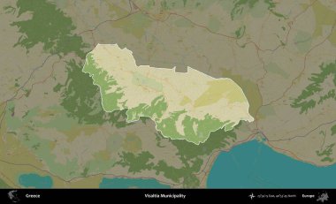 Visaltia Belediyesi. Yunanistan 'ın idari alanı kararmış Topografik İnsani Yardım Stili Haritasında vurgulandı ve özetlendi