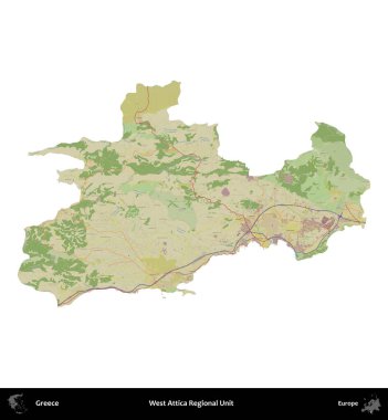 Batı Attica Bölgesel Birimi. Yunanistan 'ın idari bölgesi Topografik İnsani Stil Haritasında beyaza izole edildi