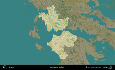Batı Yunanistan Bölgesi. Yunanistan 'ın idari alanı kararmış Topografik İnsani Yardım Stili Haritasında vurgulandı ve özetlendi