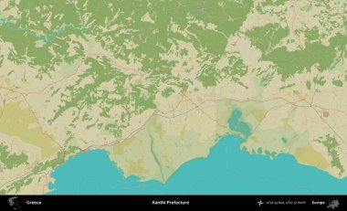 Xanthi Bölgesi. Yunanistan 'ın Topografik İnsani Stil Haritası İdari Alanı