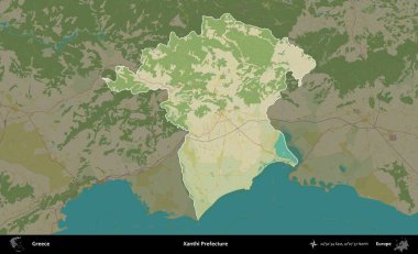 Xanthi Bölgesi. Yunanistan 'ın idari alanı kararmış Topografik İnsani Yardım Stili Haritasında vurgulandı ve özetlendi