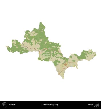 Xanthi Belediyesi. Yunanistan 'ın idari bölgesi Topografik İnsani Stil Haritasında beyaza izole edildi