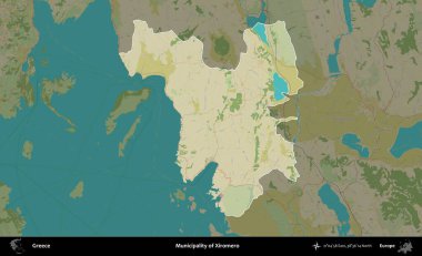Xiromero Belediyesi. Yunanistan 'ın idari alanı kararmış Topografik İnsani Yardım Stili Haritasında vurgulandı ve özetlendi