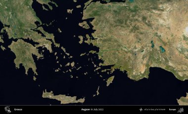 Ege. Temmuz 2022 'de çekilen Global Mozaik Sentinel-2 karolarından oluşan uydu görüntüsü üzerine Yunanistan' ın idari bölgesi