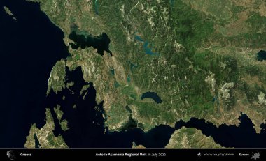 Aetolia-Acarnania Bölgesel Birimi. Temmuz 2022 'de çekilen Global Mozaik Sentinel-2 karolarından oluşan uydu görüntüsü üzerine Yunanistan' ın idari bölgesi