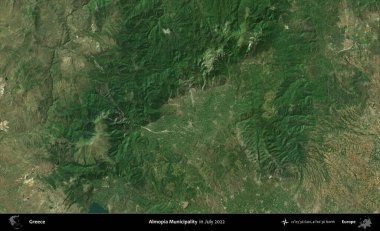 Almopia Belediyesi. Temmuz 2022 'de çekilen Global Mozaik Sentinel-2 karolarından oluşan uydu görüntüsü üzerine Yunanistan' ın idari bölgesi