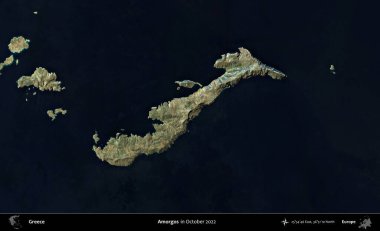 Amorgolar. Ekim 2022 'de çekilen Global Mozaik Sentinel-2 karolarından oluşan bir uydu görüntüsü üzerine Yunanistan' ın idari alanı