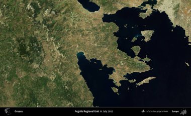 Argolis Bölgesel Birimi. Temmuz 2022 'de çekilen Global Mozaik Sentinel-2 karolarından oluşan uydu görüntüsü üzerine Yunanistan' ın idari bölgesi