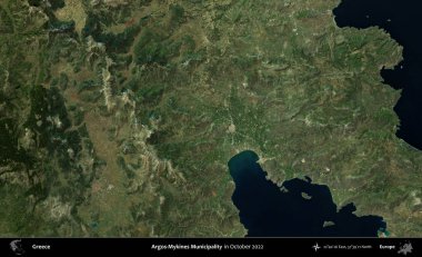 Argos-Mykines Belediyesi. Ekim 2022 'de çekilen Global Mozaik Sentinel-2 karolarından oluşan bir uydu görüntüsü üzerine Yunanistan' ın idari alanı