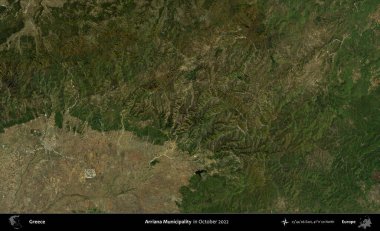 Arriana Belediyesi. Ekim 2022 'de çekilen Global Mozaik Sentinel-2 karolarından oluşan bir uydu görüntüsü üzerine Yunanistan' ın idari alanı