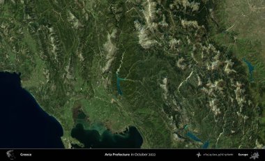 Arta Bölgesi. Ekim 2022 'de çekilen Global Mozaik Sentinel-2 karolarından oluşan bir uydu görüntüsü üzerine Yunanistan' ın idari alanı