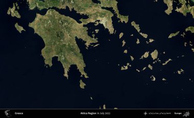 Attica Bölgesi. Temmuz 2022 'de çekilen Global Mozaik Sentinel-2 karolarından oluşan uydu görüntüsü üzerine Yunanistan' ın idari bölgesi