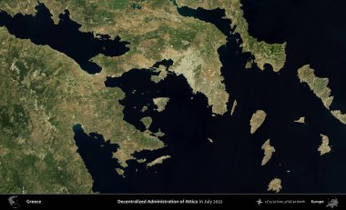 Attica. Temmuz 2022 'de çekilen Global Mozaik Sentinel-2 karolarından oluşan uydu görüntüsü üzerine Yunanistan' ın idari bölgesi