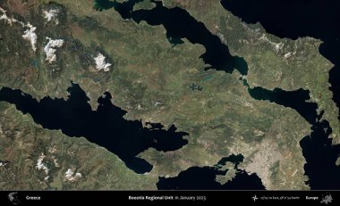 Boeotia Bölgesel Birimi. Yunanistan 'ın idari bölgesi, Ocak 2023' te çekilen Global Mozaik Sentinel-2 karolarından oluşan bir uydu görüntüsü üzerine kurulmuştur.