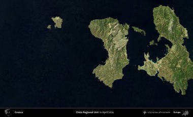 Chios Bölgesel Birimi. Nisan 2024 'te çekilen Global Mozaik Sentinel-2 karolarından oluşan bir uydu görüntüsü üzerine Yunanistan' ın idari alanı