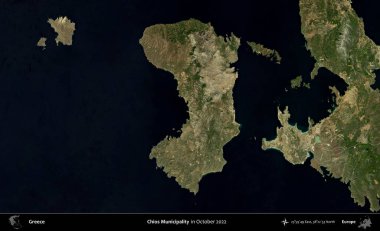 Chios Belediyesi. Ekim 2022 'de çekilen Global Mozaik Sentinel-2 karolarından oluşan bir uydu görüntüsü üzerine Yunanistan' ın idari alanı