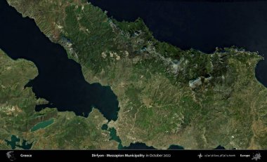 Dirfyon - Messapion Belediyesi. Ekim 2022 'de çekilen Global Mozaik Sentinel-2 karolarından oluşan bir uydu görüntüsü üzerine Yunanistan' ın idari alanı