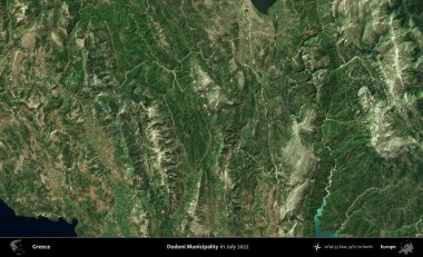 Dodoni Belediyesi. Temmuz 2022 'de çekilen Global Mozaik Sentinel-2 karolarından oluşan uydu görüntüsü üzerine Yunanistan' ın idari bölgesi