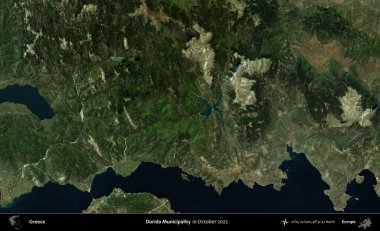 Dorida Belediyesi. Ekim 2022 'de çekilen Global Mozaik Sentinel-2 karolarından oluşan bir uydu görüntüsü üzerine Yunanistan' ın idari alanı