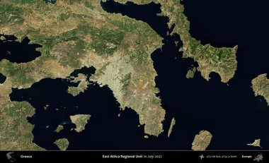 Doğu Attica Bölgesel Birimi. Temmuz 2022 'de çekilen Global Mozaik Sentinel-2 karolarından oluşan uydu görüntüsü üzerine Yunanistan' ın idari bölgesi