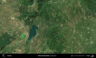Edessa Belediyesi. Temmuz 2022 'de çekilen Global Mozaik Sentinel-2 karolarından oluşan uydu görüntüsü üzerine Yunanistan' ın idari bölgesi