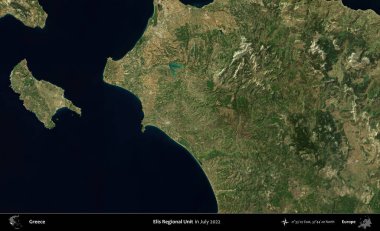 Elis Bölgesel Birimi. Temmuz 2022 'de çekilen Global Mozaik Sentinel-2 karolarından oluşan uydu görüntüsü üzerine Yunanistan' ın idari bölgesi