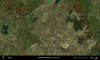 Eordaia Belediyesi. Ekim 2022 'de çekilen Global Mozaik Sentinel-2 karolarından oluşan bir uydu görüntüsü üzerine Yunanistan' ın idari alanı