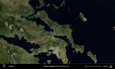 Euboea bölgesel birimi. Ekim 2022 'de çekilen Global Mozaik Sentinel-2 karolarından oluşan bir uydu görüntüsü üzerine Yunanistan' ın idari alanı