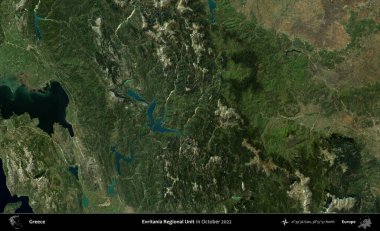Evritania Bölgesel Birimi. Ekim 2022 'de çekilen Global Mozaik Sentinel-2 karolarından oluşan bir uydu görüntüsü üzerine Yunanistan' ın idari alanı