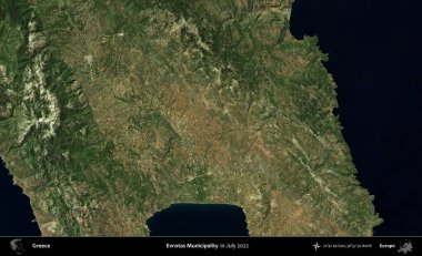 Evrotas Belediyesi. Temmuz 2022 'de çekilen Global Mozaik Sentinel-2 karolarından oluşan uydu görüntüsü üzerine Yunanistan' ın idari bölgesi