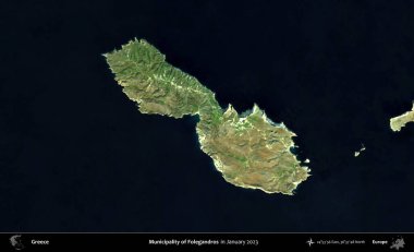Folegandros Belediyesi. Yunanistan 'ın idari bölgesi, Ocak 2023' te çekilen Global Mozaik Sentinel-2 karolarından oluşan bir uydu görüntüsü üzerine kurulmuştur.