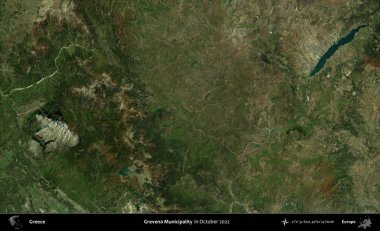 Grevena Belediyesi. Ekim 2022 'de çekilen Global Mozaik Sentinel-2 karolarından oluşan bir uydu görüntüsü üzerine Yunanistan' ın idari alanı
