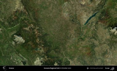 Grevena Bölgesel Birimi. Ekim 2022 'de çekilen Global Mozaik Sentinel-2 karolarından oluşan bir uydu görüntüsü üzerine Yunanistan' ın idari alanı