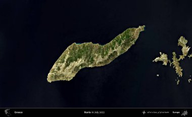 İkaria. Temmuz 2022 'de çekilen Global Mozaik Sentinel-2 karolarından oluşan uydu görüntüsü üzerine Yunanistan' ın idari bölgesi