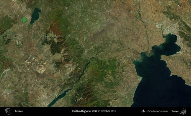 Imathia Bölgesel Birimi. Ekim 2022 'de çekilen Global Mozaik Sentinel-2 karolarından oluşan bir uydu görüntüsü üzerine Yunanistan' ın idari alanı