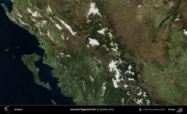 Ioannina Bölgesel Birimi. Yunanistan 'ın idari bölgesi, Ocak 2023' te çekilen Global Mozaik Sentinel-2 karolarından oluşan bir uydu görüntüsü üzerine kurulmuştur.