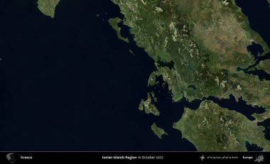 İyon Adaları Bölgesi. Ekim 2022 'de çekilen Global Mozaik Sentinel-2 karolarından oluşan bir uydu görüntüsü üzerine Yunanistan' ın idari alanı