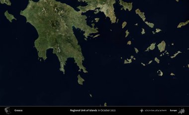 Adaların Bölgesel Birimi. Ekim 2022 'de çekilen Global Mozaik Sentinel-2 karolarından oluşan bir uydu görüntüsü üzerine Yunanistan' ın idari alanı