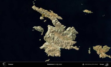 Kalumnos. Temmuz 2022 'de çekilen Global Mozaik Sentinel-2 karolarından oluşan uydu görüntüsü üzerine Yunanistan' ın idari bölgesi