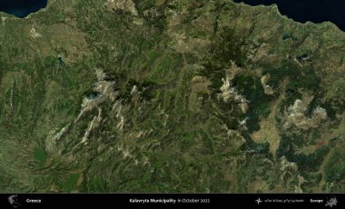 Kalavryta Belediyesi. Ekim 2022 'de çekilen Global Mozaik Sentinel-2 karolarından oluşan bir uydu görüntüsü üzerine Yunanistan' ın idari alanı