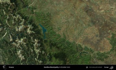 Karditsa Belediyesi. Ekim 2022 'de çekilen Global Mozaik Sentinel-2 karolarından oluşan bir uydu görüntüsü üzerine Yunanistan' ın idari alanı