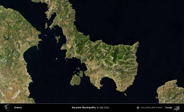 Karystos Belediyesi. Temmuz 2022 'de çekilen Global Mozaik Sentinel-2 karolarından oluşan uydu görüntüsü üzerine Yunanistan' ın idari bölgesi