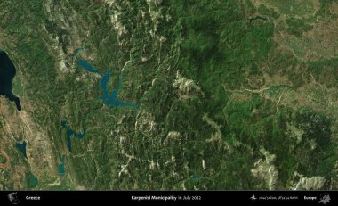 Karpenisi Belediyesi. Temmuz 2022 'de çekilen Global Mozaik Sentinel-2 karolarından oluşan uydu görüntüsü üzerine Yunanistan' ın idari bölgesi