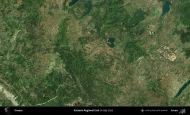 Kastoria Bölgesel Birimi. Temmuz 2022 'de çekilen Global Mozaik Sentinel-2 karolarından oluşan uydu görüntüsü üzerine Yunanistan' ın idari bölgesi
