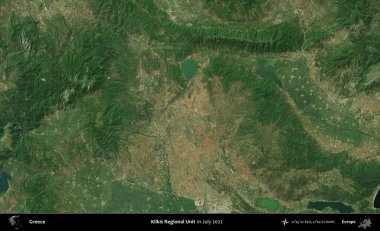 Kilkis Bölgesel Birimi. Temmuz 2022 'de çekilen Global Mozaik Sentinel-2 karolarından oluşan uydu görüntüsü üzerine Yunanistan' ın idari bölgesi