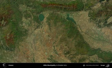 Kilkis Belediyesi. Ekim 2022 'de çekilen Global Mozaik Sentinel-2 karolarından oluşan bir uydu görüntüsü üzerine Yunanistan' ın idari alanı