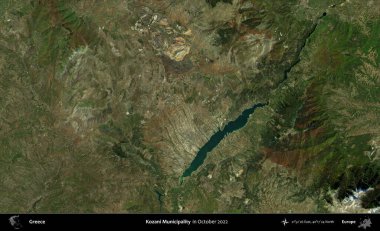 Kozani Belediyesi. Ekim 2022 'de çekilen Global Mozaik Sentinel-2 karolarından oluşan bir uydu görüntüsü üzerine Yunanistan' ın idari alanı