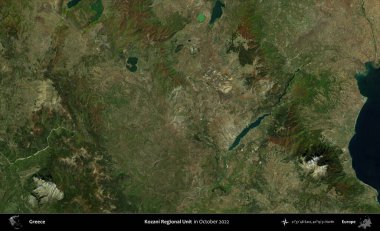 Kozani Bölgesel Birimi. Ekim 2022 'de çekilen Global Mozaik Sentinel-2 karolarından oluşan bir uydu görüntüsü üzerine Yunanistan' ın idari alanı
