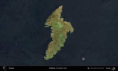 Kuthnos. Ekim 2022 'de çekilen Global Mozaik Sentinel-2 karolarından oluşan bir uydu görüntüsü üzerine Yunanistan' ın idari alanı
