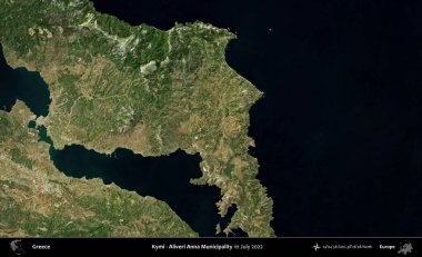 Kymi - Aliveri Anna Belediyesi. Temmuz 2022 'de çekilen Global Mozaik Sentinel-2 karolarından oluşan uydu görüntüsü üzerine Yunanistan' ın idari bölgesi